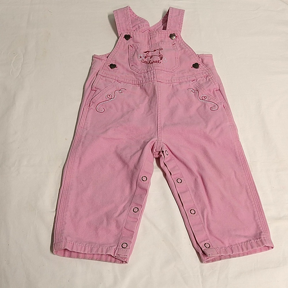 Carhartt Bib Overalls Baby Girls 12M Pink Canvas Horse Heart Embroidery